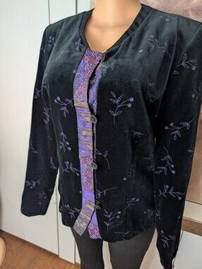 Vtg Canvasbacks 100% Cotton Velvet Cardigan Jacket Black Purple Whimsigoth Sz 12